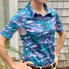 Equestrian short sleeve sun shirt polo with UPF or SPF protection and purple and teal dragon design