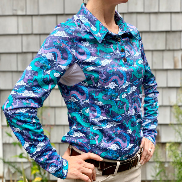 Equestrian long sleeve sun shirt polo with UPF protection and purple and teal dragon design