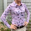 Equestrian long sleeve sun shirt polo with UPF or SPF protection and pink flying insects design