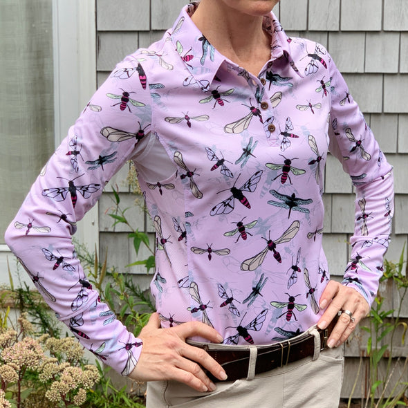 Equestrian long sleeve sun shirt polo with UPF or SPF protection and pink flying insects design