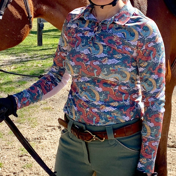 Equestrian long sleeve sun shirt polo with UPF protection and green and rust dragon design