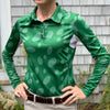Equestrian long sleeve sun shirt polo with UPF or SPF protection and green appaloosa spots design