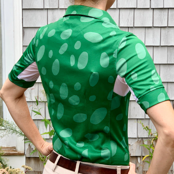 Equestrian short sleeve sun shirt polo with UPF or SPF protection and green appaloosa spots design