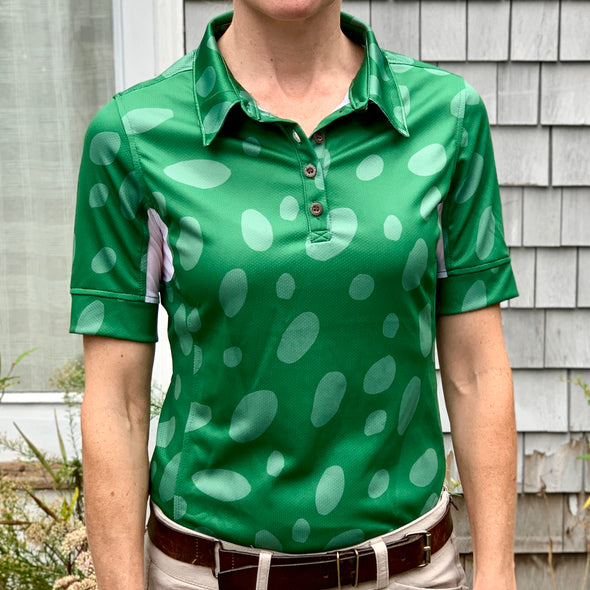 Equestrian short sleeve sun shirt polo with UPF or SPF protection and green appaloosa spots design
