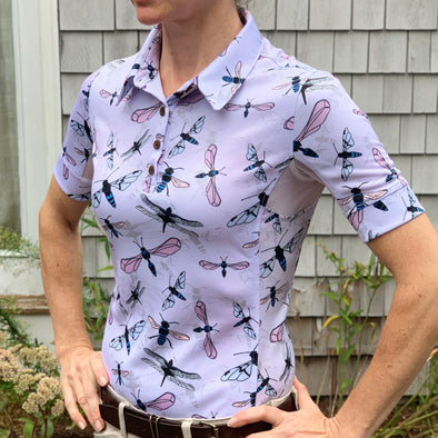 Equestrian short sleeve sun shirt polo with UPF or SPF protection and lavender dragon fly design