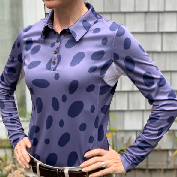 Equestrian long sleeve sun shirt polo with UPF or SPF protection and dark blue appaloosa spots design