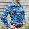 Equestrian long sleeve sun shirt polo with UPF protection and purple and teal dragon design