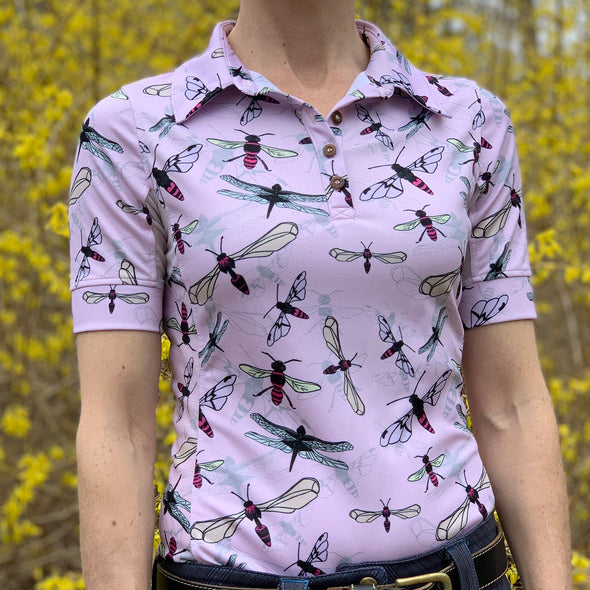 Equestrian short sleeve sun shirt polo with UPF or SPF protection and pink flying insects design