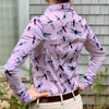 Equestrian long sleeve sun shirt polo with UPF or SPF protection and pink dragon fly design